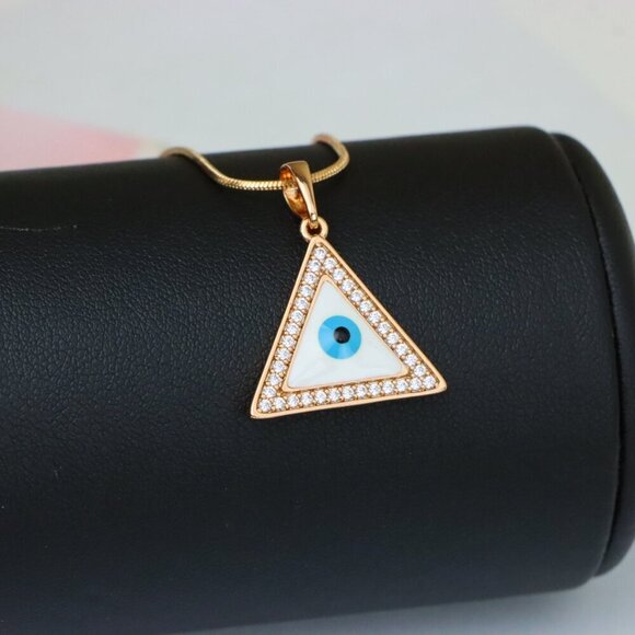"Triangle Evil Eye Rose Gold Pendant with Cubic Zirconia Border, XPPT1474 - Picture 8 of 13